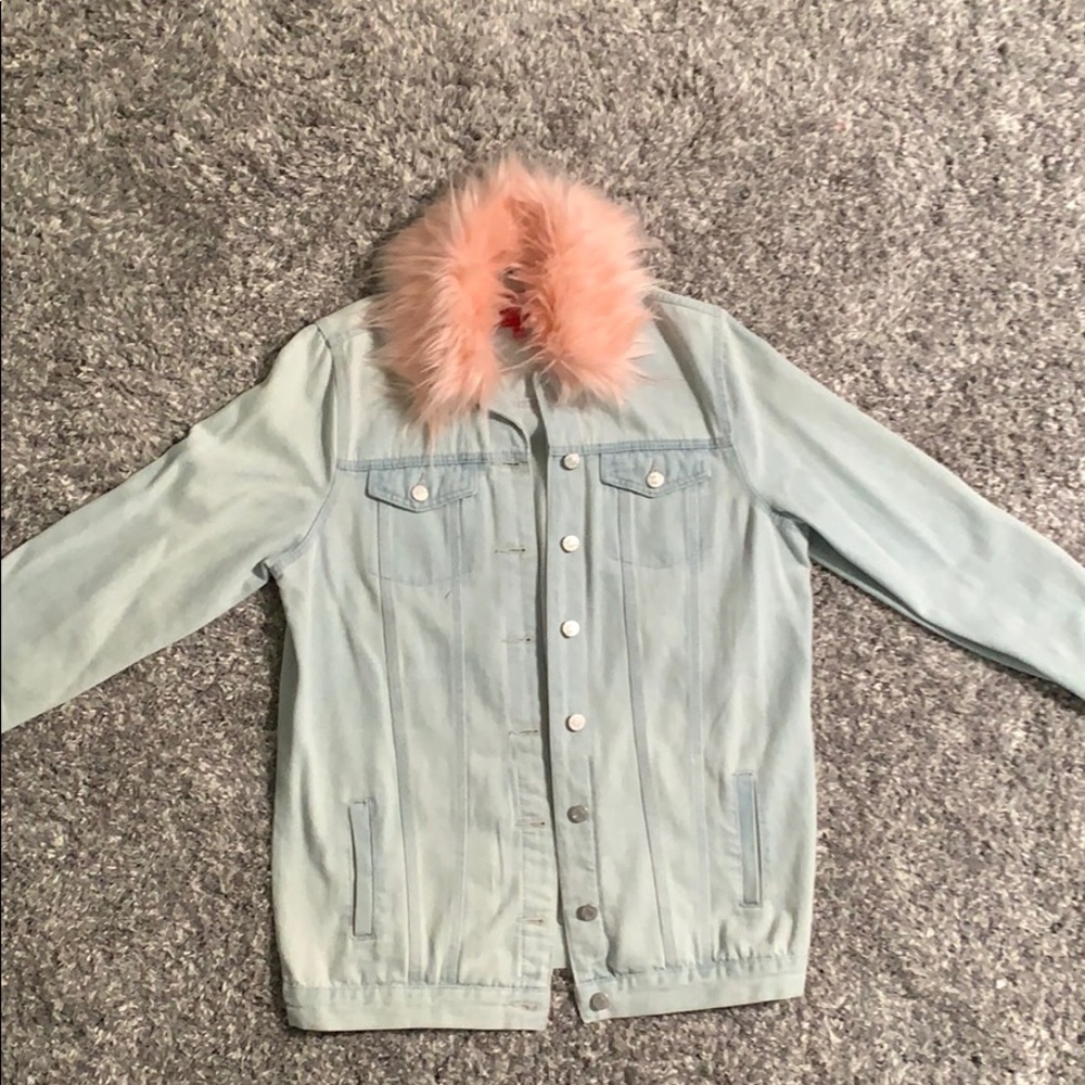 GUESS Oversized Jean Jacket w/Pink Faux Fur Trim